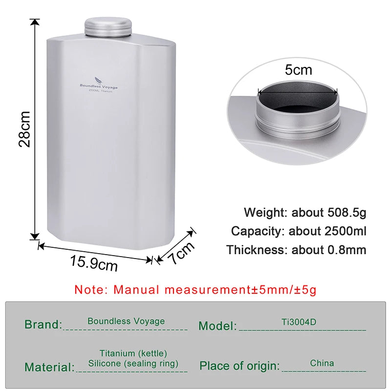 Boundless Voyage 2.5L Titanium Water Bottle Big Capacity Sports Water Bottle Ultralight Leakproof Drinkware for Outdoor Camp Ti3004D