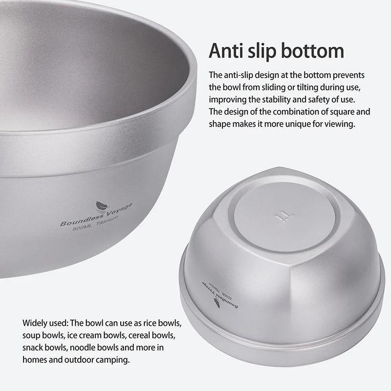 Boundless Voyage 500ml / 800ml Double Walled Titanium Bowl Food Rice Soup Bowl Ultralight Tableware Outdoor Camping Metal Bowl