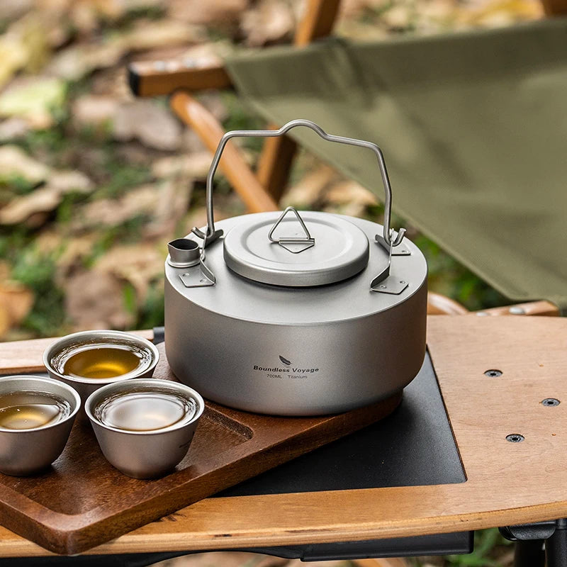 Boundless Voyage Titanium Camping Kettle – 700ml, Foldable Handle, Mesh Filter, Fast Boiling Ti3104D