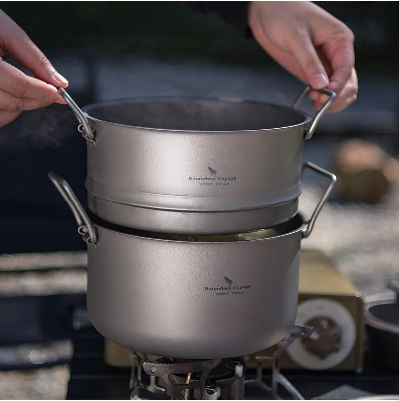 Boundless Voyage Titanium Steam Pot Compact Food Steamer Pan Camping Pot Outdoor Cookware Lightweight Portable Hiking Saucepan