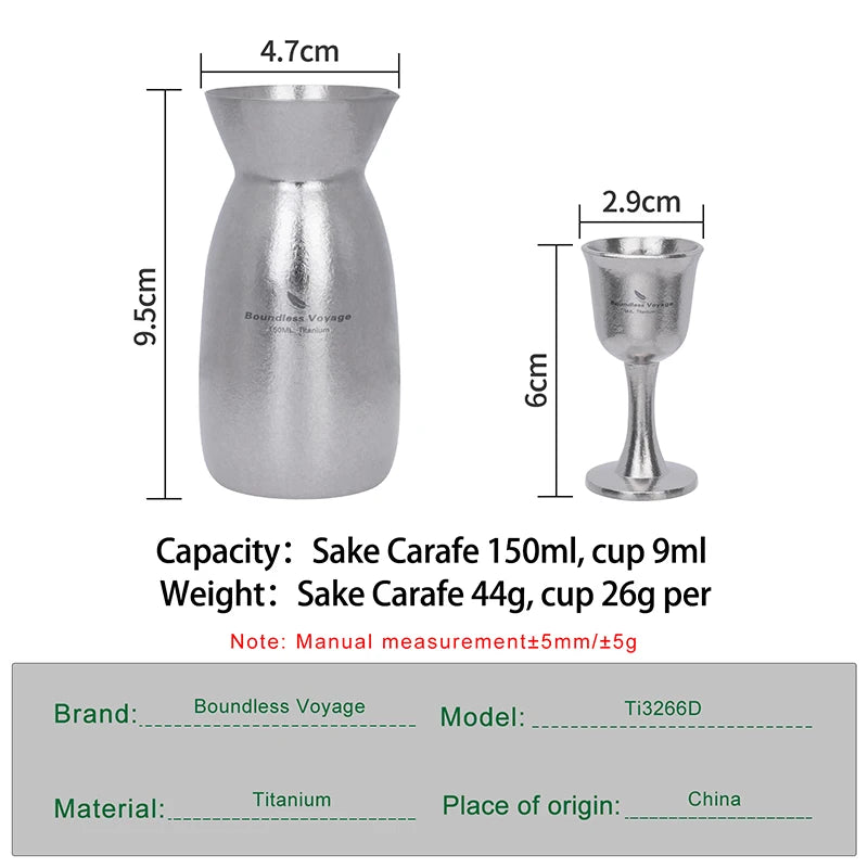 Boundless Voyage Titanium Sake Set 150ml Lightweight Carafe & 2 Cups for Sake, Soju, Wine | Portable Drinkware Gift Ti3266D