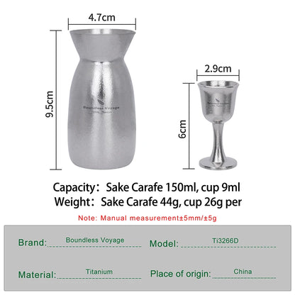 Boundless Voyage Titanium Sake Set 150ml Lightweight Carafe & 2 Cups for Sake, Soju, Wine | Portable Drinkware Gift Ti3266D