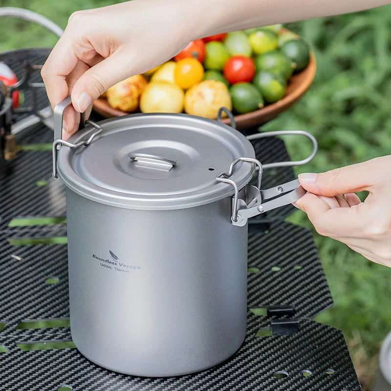 Boundless Voyage Titanium Cook Set – 1.4L Outer Pot + 0.9L Inner Pot, Steamer, Foldable Handles Ti2093C