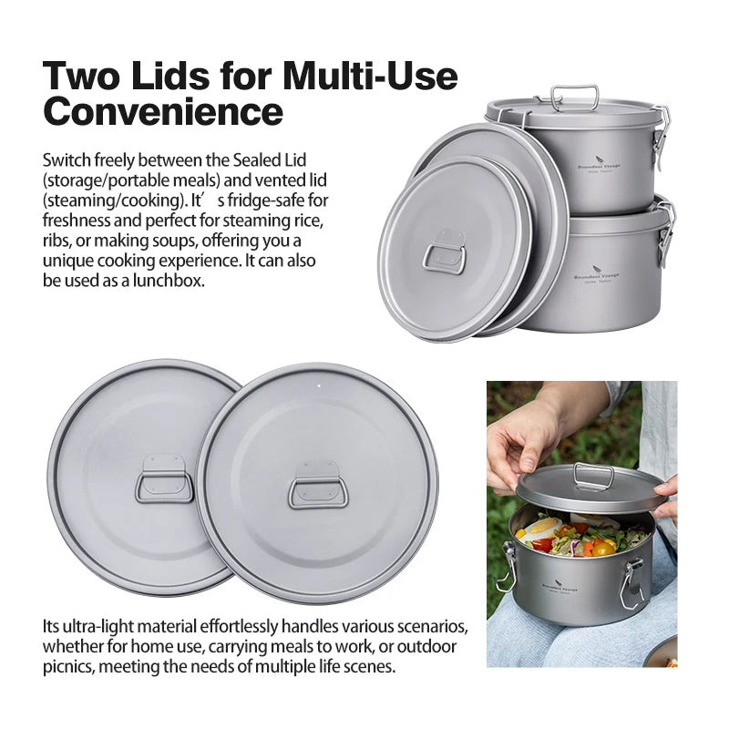 Boundless Voyage Titanium Lunch Box 900ml / 1.5L Leakproof Bento Box with Sealed & Vent Lid Portable Camping Food Container Ti2086C