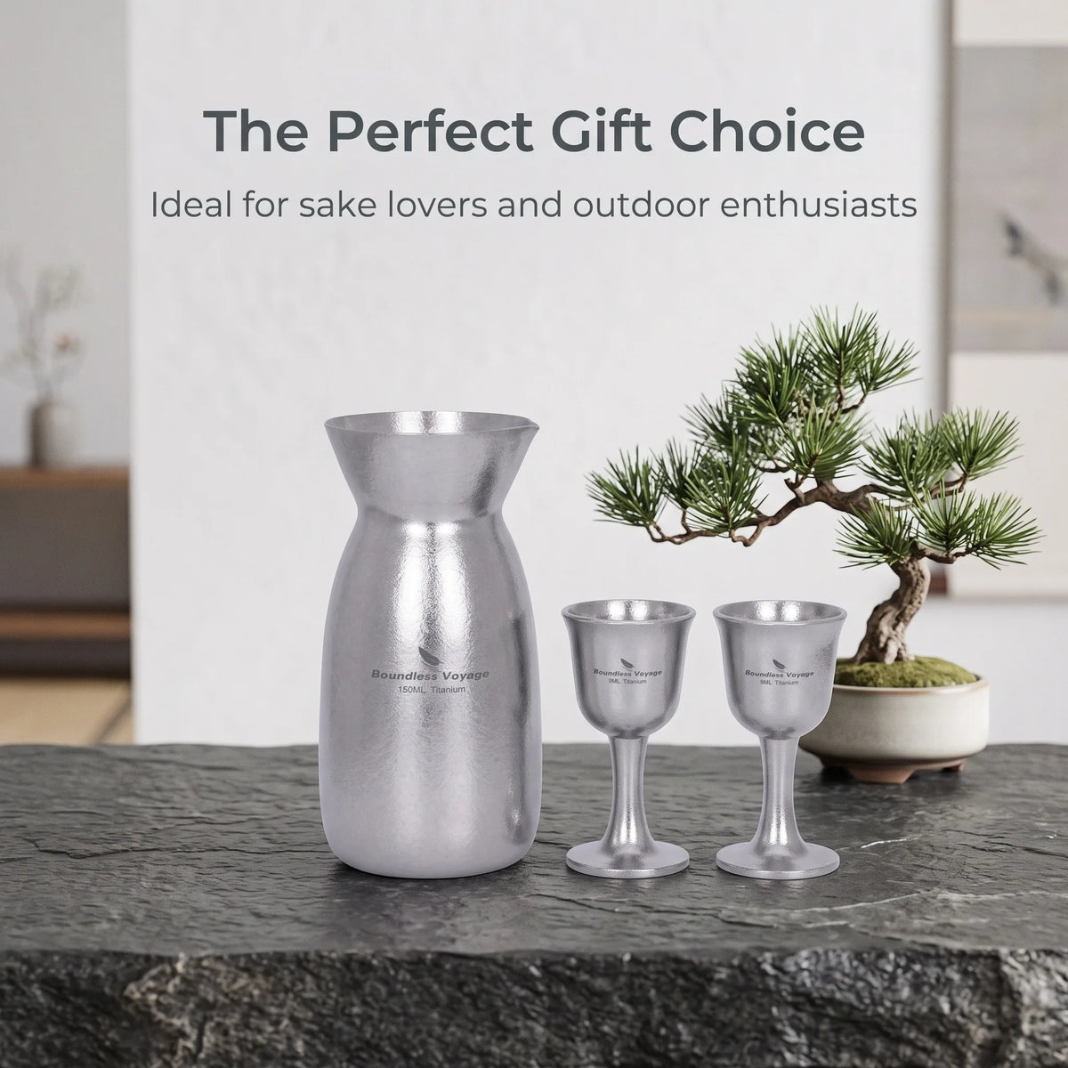 Boundless Voyage Titanium Sake Set 150ml Lightweight Carafe & 2 Cups for Sake, Soju, Wine | Portable Drinkware Gift Ti3266D