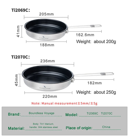 Boundless Voyage Titanium Non-stick Frying Pan 18.8cm / 22cm Outdoor Camping Skillet with Folding Handle Lightweight Cookware Ti2069C