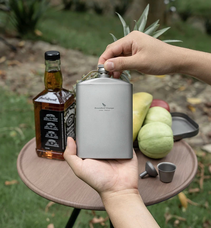 Boundless Voyage 250ml Titanium Hip Flask with Mini Cup & Funnel Camping Backpacking Pocket Whiskey Wine Pot for Men Women Ti3064D