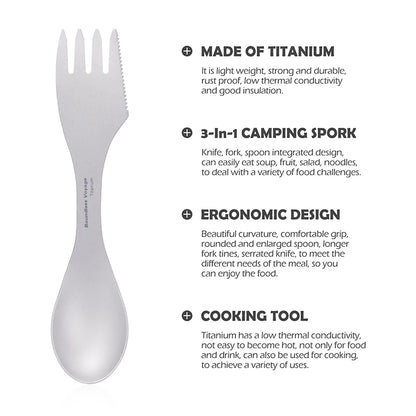 Boundless Voyage Titanium Spork Portable Camping Spoon Fork Knife Ultralight 3 in 1 Utensil Ti1064T