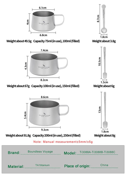 Boundless Voyage Double Wall Titanium Mug With Spoon 75/100/200ml Mini Espresso Tea Cup Ultralight Camping Portable Tableware Ti3088C