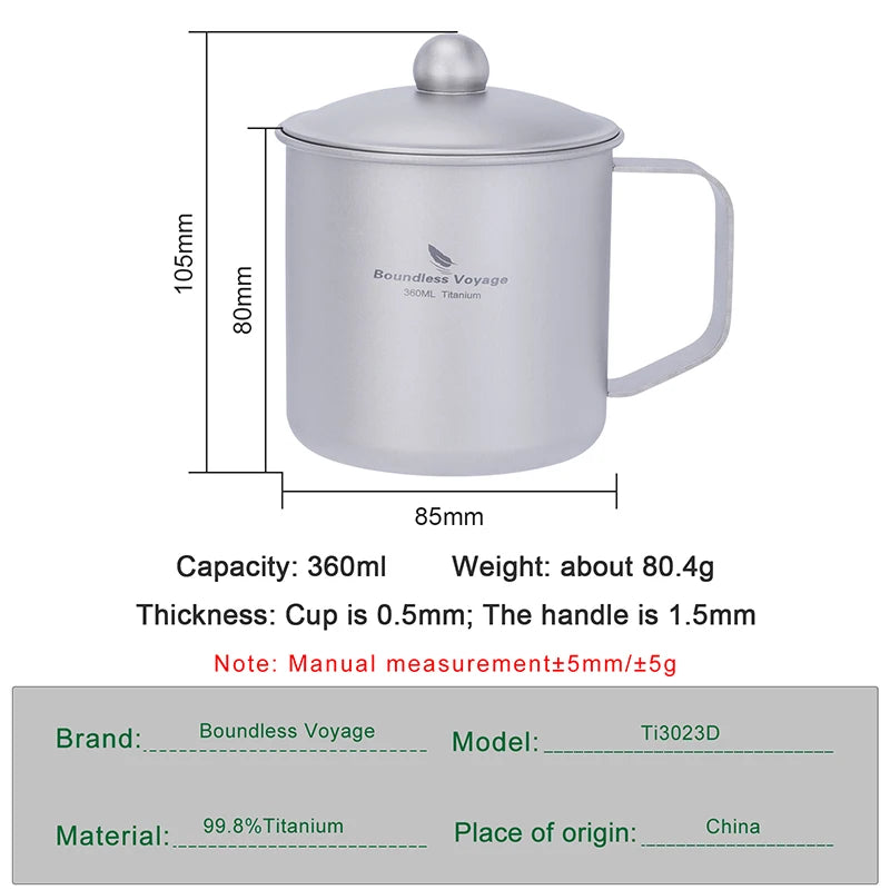 Boundless Voyage 360ml Titanium Camping Mug with Lid Lightweight Travel Coffee Tea Cup Portable Durable Single layer Dinking Mug Ti3023D