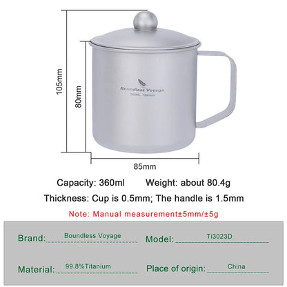 Boundless Voyage 360ml Titanium Camping Mug with Lid Lightweight Travel Coffee Tea Cup Portable Durable Single layer Dinking Mug Ti3023D
