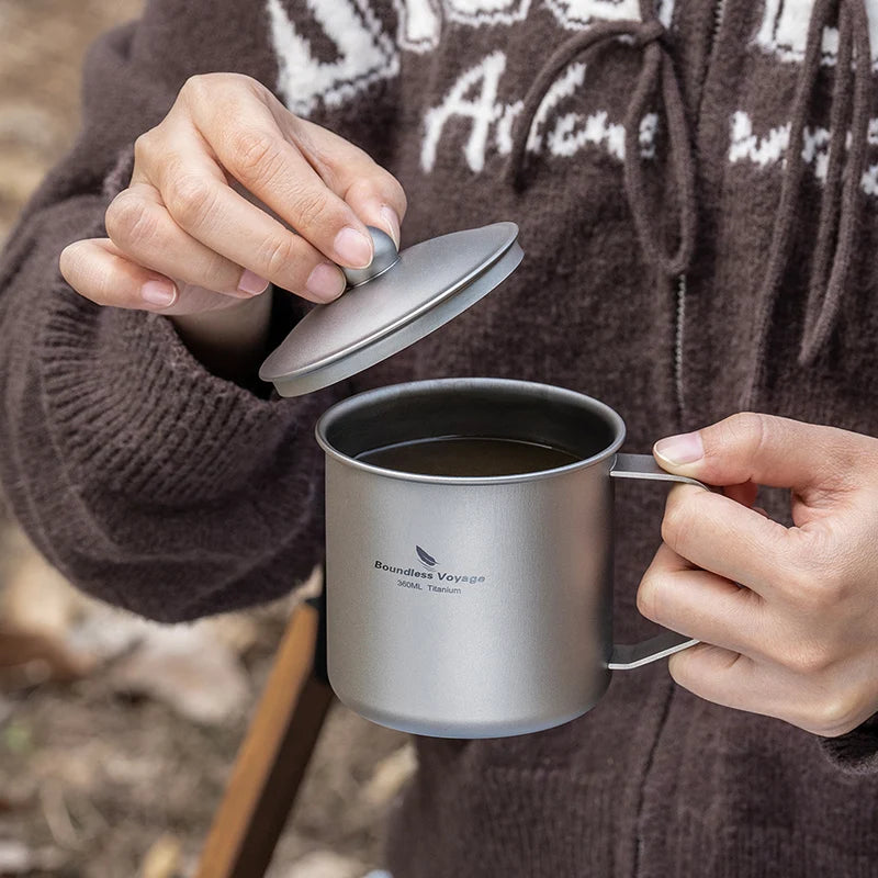 Boundless Voyage 360ml Titanium Camping Mug with Lid Lightweight Travel Coffee Tea Cup Portable Durable Single layer Dinking Mug Ti3023D