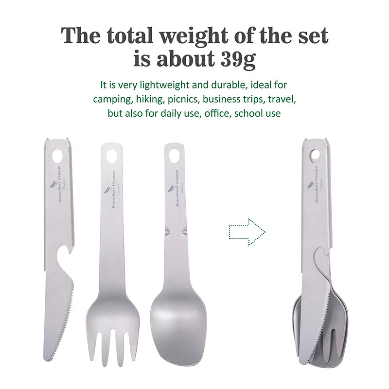 Boundless Voyage Titanium Cutlery Set Small Outdoor Camping Portable Knife Fork Spoon Bottle Opener Travel Lightweight Tableware Ti1077T