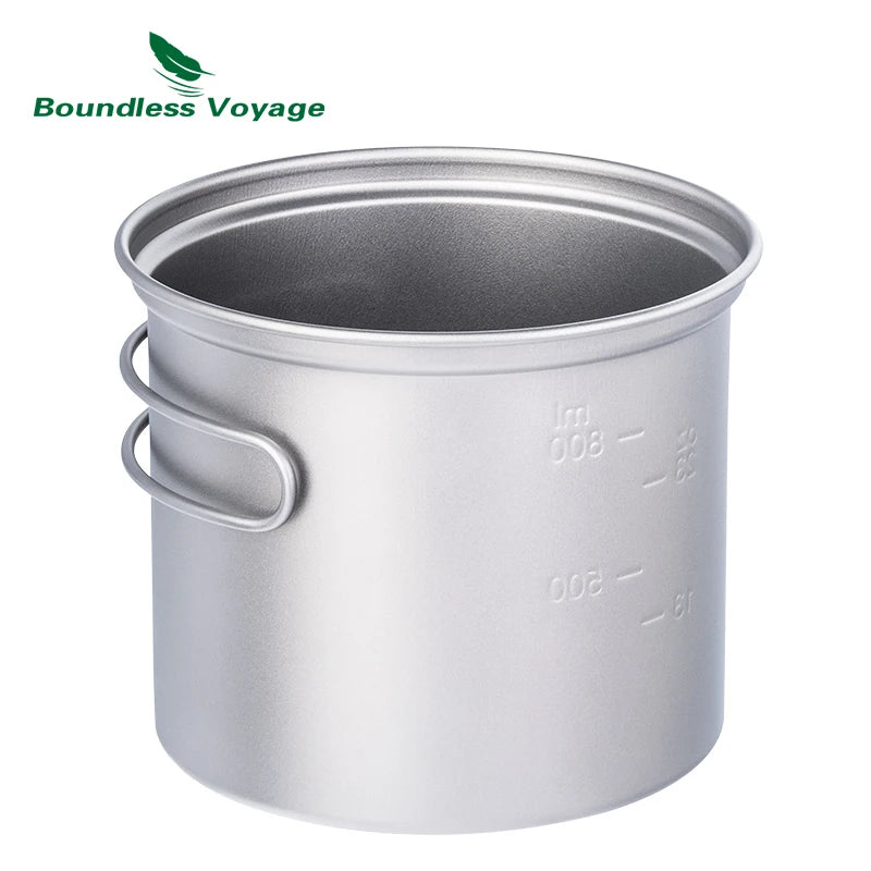 Boundless Voyage Camping Titanium Pot Pan Set Outdoor Cookware Lightweight Backpacking Cooking Mess Kit with Folding Handle Ti2037C