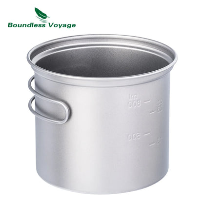 Boundless Voyage Camping Titanium Pot Pan Set Outdoor Cookware Lightweight Backpacking Cooking Mess Kit with Folding Handle Ti2037C