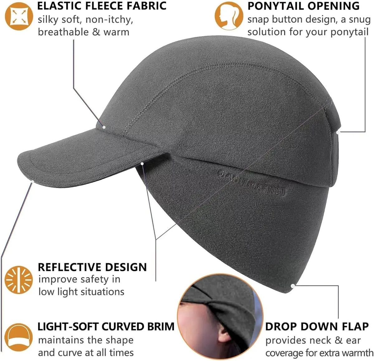 GADIEMKENSD Women's Winter Fleece Ponytail Hat Reflective Baseball Cap with Drop down Ear Warmers Golf Sports Cap M24