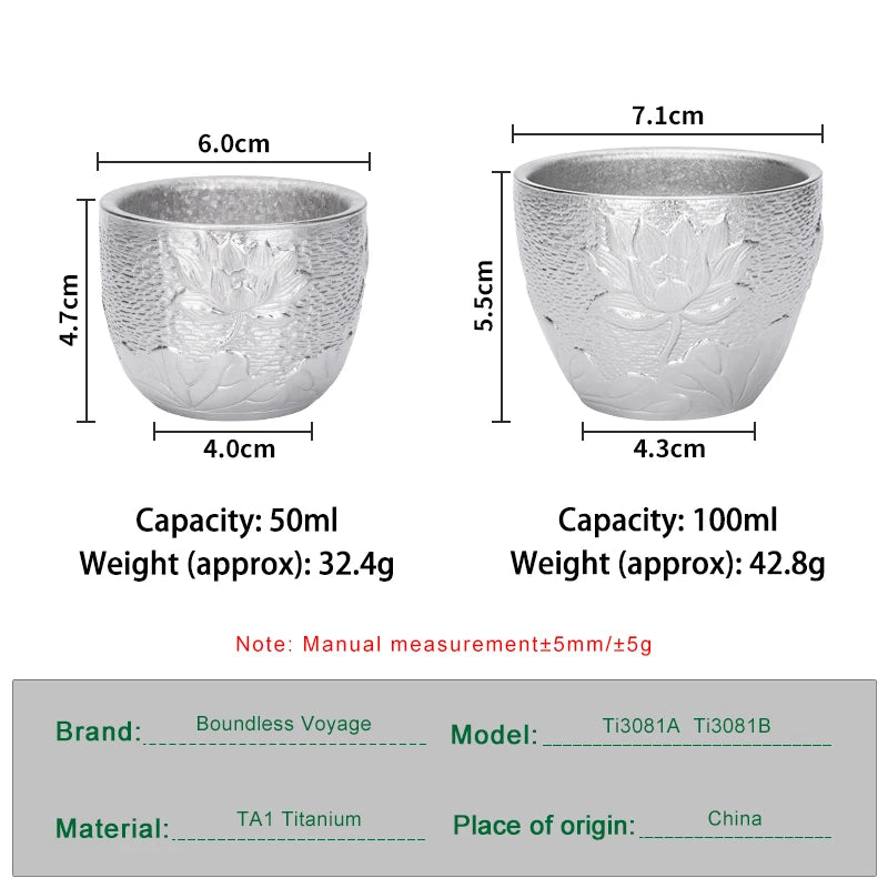 Boundless Voyage Titanium Double-Wall Cup Set – 50ml / 100ml, Embossed Texture, Crystallized Finish Ti3081A