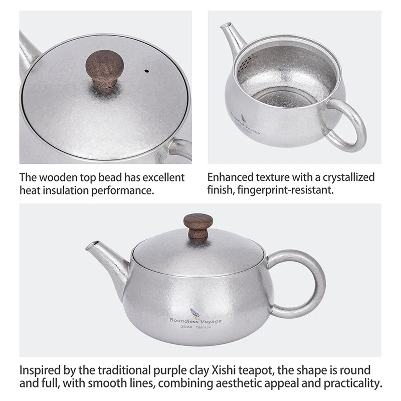Boundless Voyage 260ml Titanium Teapot with Filter, Chinese Kung Fu Tea Set, Lightweight Portable for Camping Office Home Ti3106D
