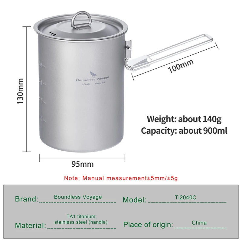 Boundless Voyage 900ml Titanium Pot Cup Camping Cookware Lightweight Bowl with Folding Handle & Lid Outdoor Portable Cooking Ti2040C kit