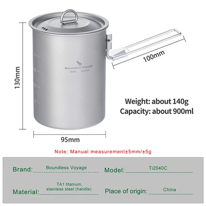 Boundless Voyage 900ml Titanium Pot Cup Camping Cookware Lightweight Bowl with Folding Handle & Lid Outdoor Portable Cooking Ti2040C kit