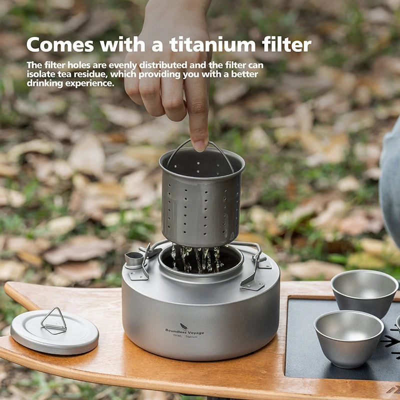 Boundless Voyage Titanium Camping Kettle – 700ml, Foldable Handle, Mesh Filter, Fast Boiling Ti3104D