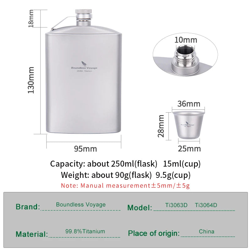 Boundless Voyage 250ml Titanium Hip Flask with Mini Cup & Funnel Camping Backpacking Pocket Whiskey Wine Pot for Men Women Ti3064D