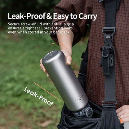 carrying-titanium-water-bottle-on-hiking-backpack