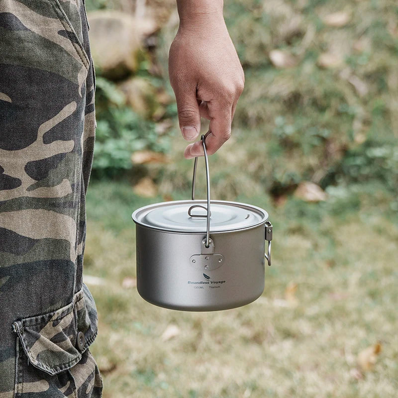 Boundless Voyage Titanium Pot Camping Cookware Hanging Soup Pot with Lid Outdoor Cooking Kit Lightweight Kitchen Ware Tableware Ti2045C
