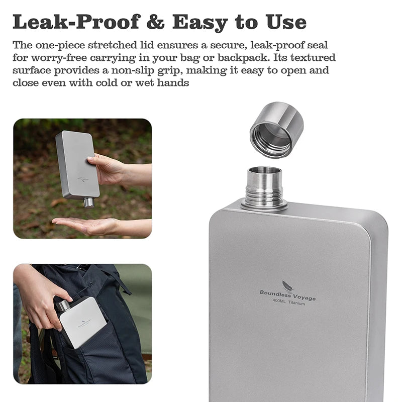 Boundless Voyage 400ml Titanium Flask Leakproof Metal Liquor Wine Bottle Ultralight for Camping & Travel Gift for Men Ti3267D
