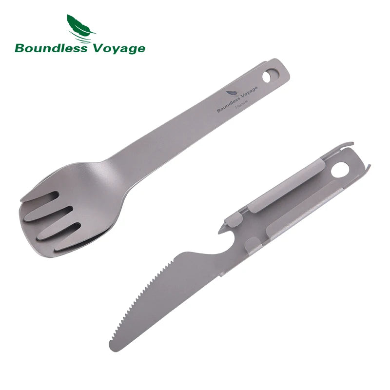 Boundless Voyage Titanium Cutlery Set Small Outdoor Camping Portable Knife Fork Spoon Bottle Opener Travel Lightweight Tableware Ti1077T