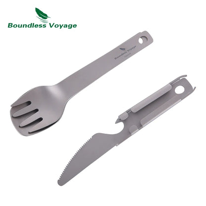 Boundless Voyage Titanium Cutlery Set Small Outdoor Camping Portable Knife Fork Spoon Bottle Opener Travel Lightweight Tableware Ti1077T