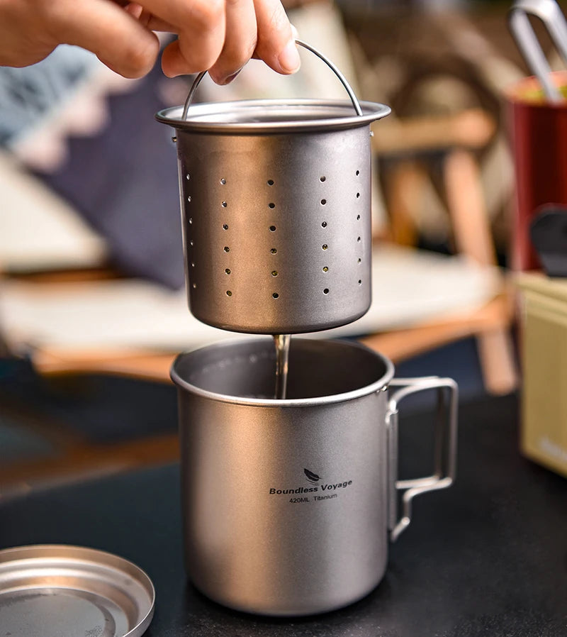 Boundless Voyage 420ml Titanium Mug with Strainer & Lid Lightweight Camping Single Layer Tea Cup with Filter Outdoor Drinkware Ti3054D