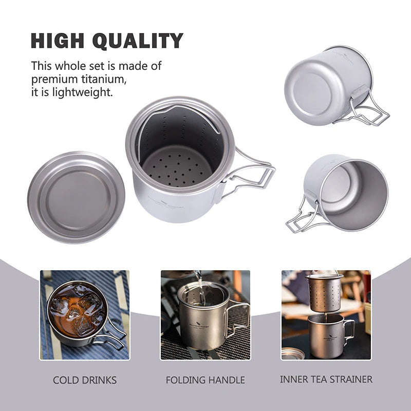 Boundless Voyage 420ml Titanium Mug with Strainer & Lid Lightweight Camping Single Layer Tea Cup with Filter Outdoor Drinkware Ti3054D