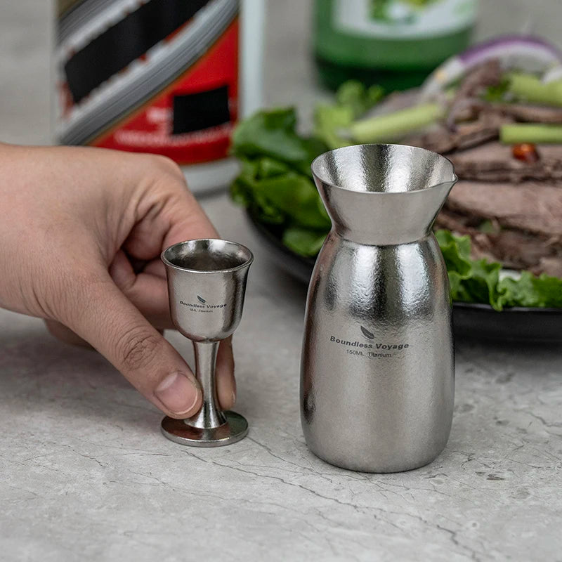 Boundless Voyage Titanium Sake Set 150ml Lightweight Carafe & 2 Cups for Sake, Soju, Wine | Portable Drinkware Gift Ti3266D