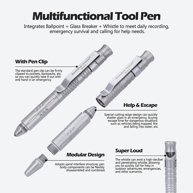 Boundless Voyage 3-in-1 Titanium Multifunctional Whistle Pen 120dB Outdoor Car Window Breaker Survival Tool Ti9025O