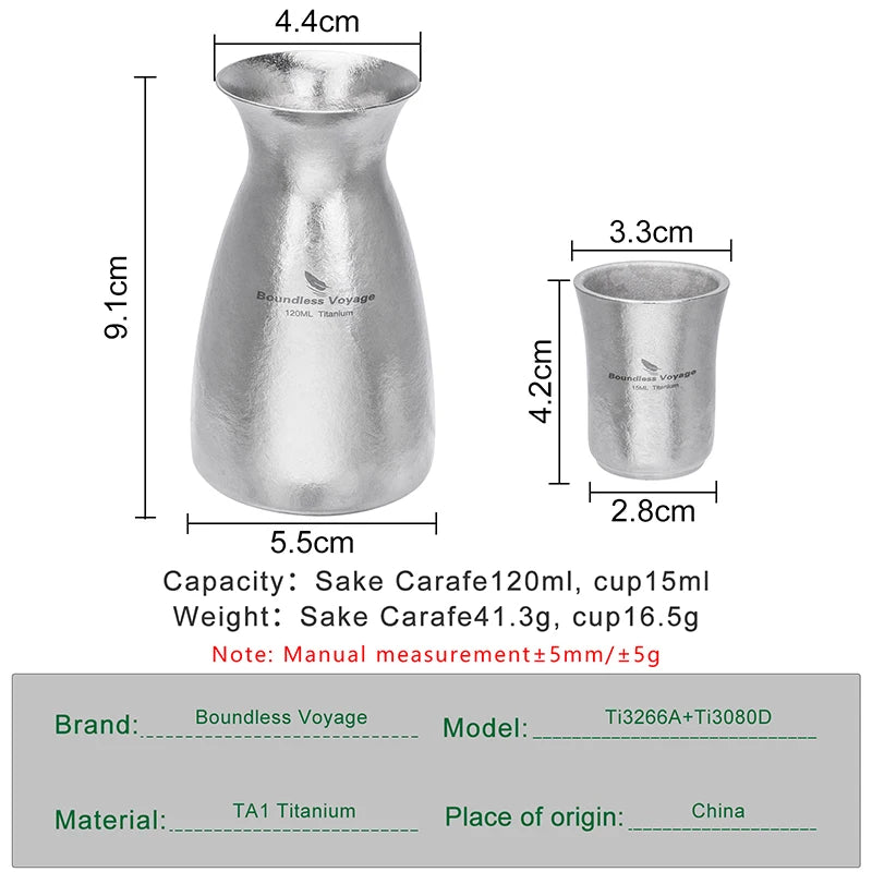 Boundless Voyage Pure Titanium Sake Carafe & Cup Set Liquor Serving Set with Pouring Pitcher & Drinking Cups Lightweight Barware Ti3266A