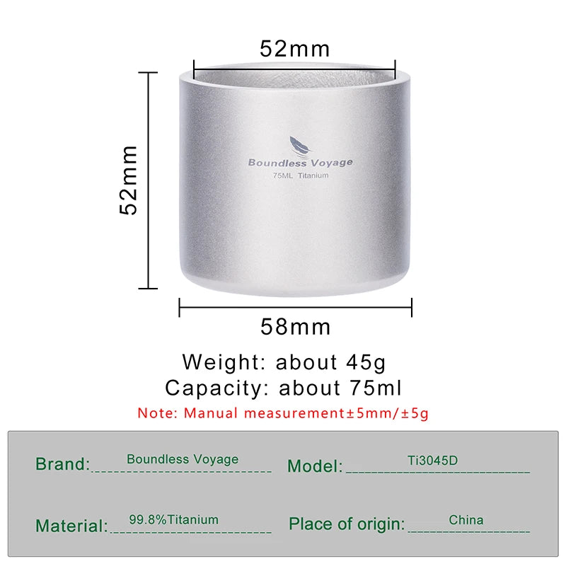 Boundless Voyage Titanium 75ml Double-wall Cup Coffee Tea Mug Backpacking Lightweight Portable Camping Hot Cold Water Drinkware Ti3045D