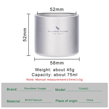 Boundless Voyage Titanium 75ml Double-wall Cup Coffee Tea Mug Backpacking Lightweight Portable Camping Hot Cold Water Drinkware Ti3045D