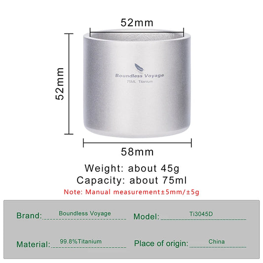 Boundless Voyage Titanium 75ml Double-wall Cup Coffee Tea Mug Backpacking Lightweight Portable Camping Hot Cold Water Drinkware Ti3045D