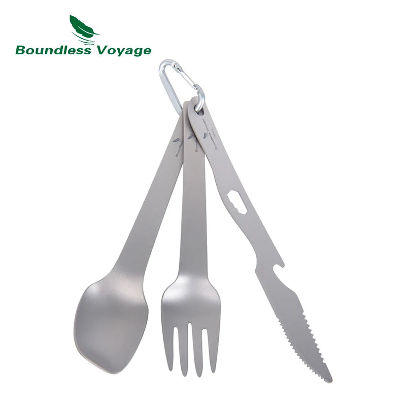 Boundless Voyage Titanium Camping Cutlery Set Ultralight Spoon Fork Knife with Opener Hook Portable Utensil for Outdoor Backpacking Travel Hiking Ti1078T