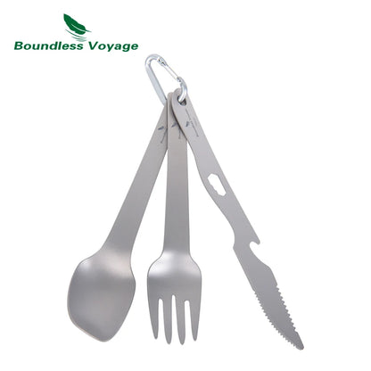 Boundless Voyage Titanium Camping Cutlery Set Ultralight Spoon Fork Knife with Opener Hook Portable Utensil for Outdoor Backpacking Travel Hiking Ti1078T