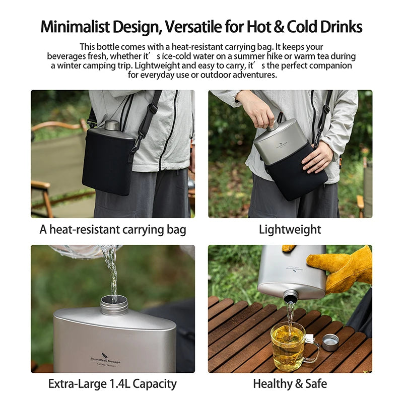 Boundless Voyage Titanium Flask 1.4L Water Bottle Leak-Proof Anti-Slip Cap Ultra-Lightweight & Durable for Camping Hiking Travel Ti3008D