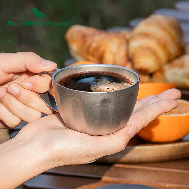 Boundless Voyage Titanium Espresso Cup 120ml Double Wall Coffee Cup, Compact & Lightweight & Heat Insulated, Fixed Handle Ti3088D