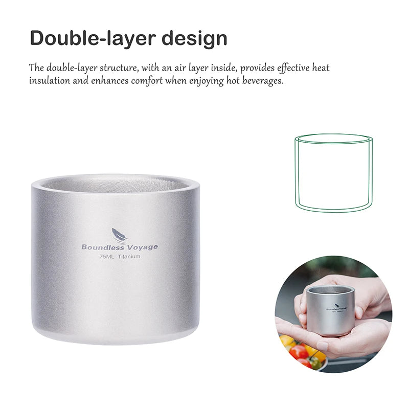 Boundless Voyage Titanium 75ml Double-wall Cup Coffee Tea Mug Backpacking Lightweight Portable Camping Hot Cold Water Drinkware Ti3045D