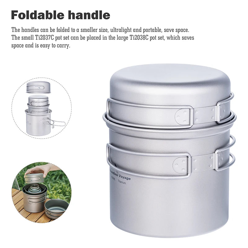 Boundless Voyage Camping Titanium Pot Pan Set Outdoor Cookware Lightweight Backpacking Cooking Mess Kit with Folding Handle Ti2037C